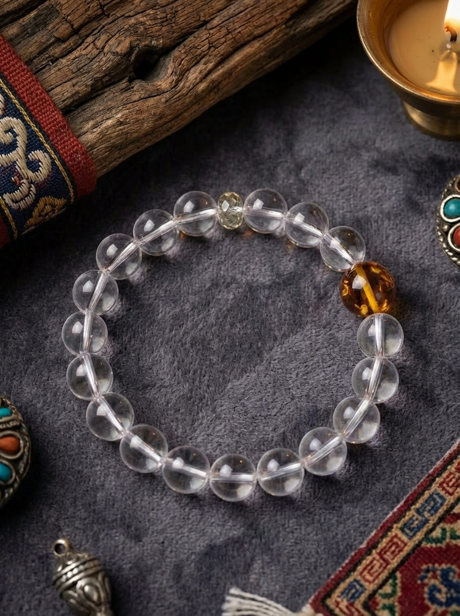 「Clear Light」White Crystal & Amber Bracelet