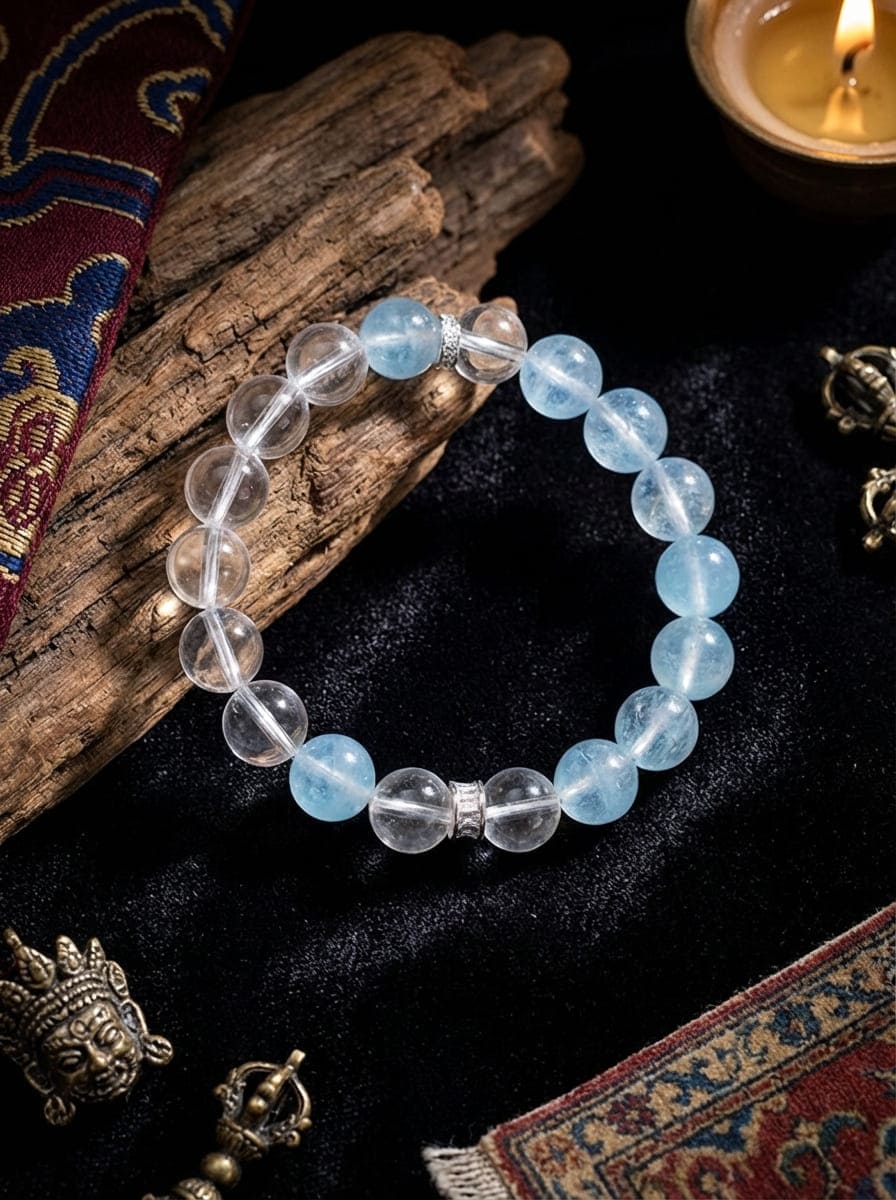 「Moon White & Sea Blue」 White Crystal & Aquamarine Bracelet