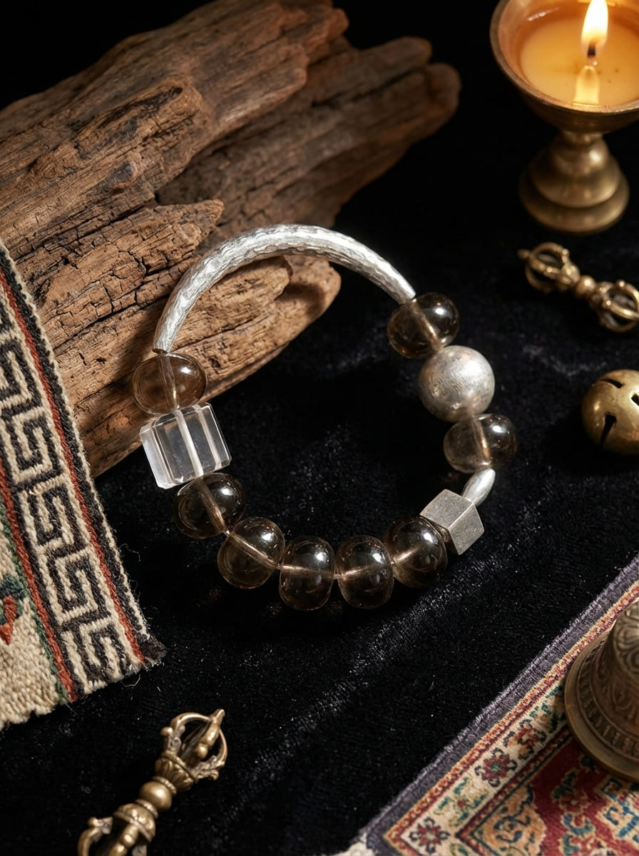 「Plain Shadow」Smoky Quartz & White Crystal Bracelet