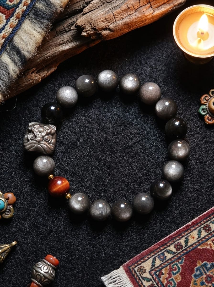 「Black Obsidian Lucky Lion」 Black Obsidian & Tiger's Eye Bracelet