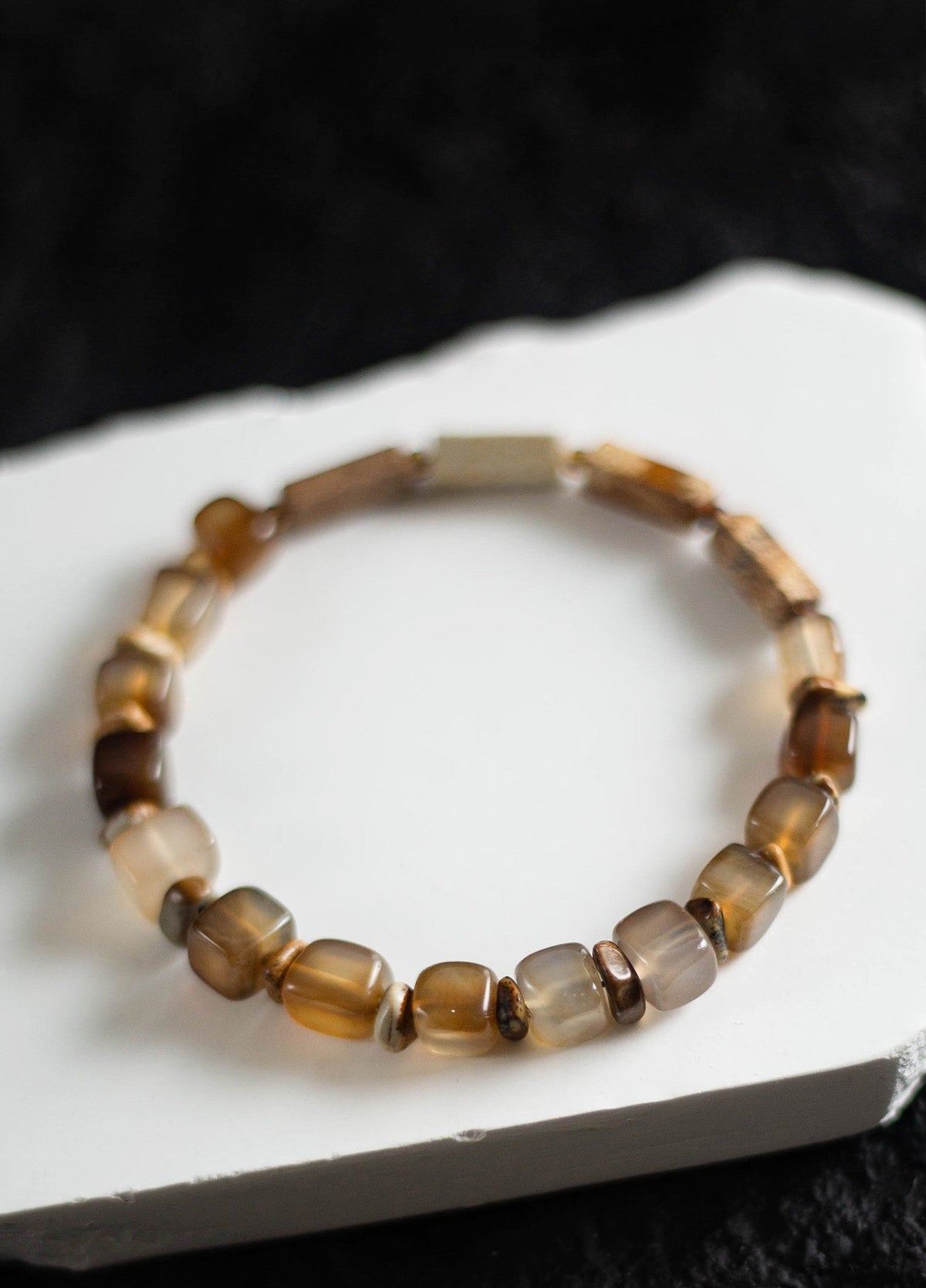 Natural Agate Picture Jasper Beaded Bracelet, Square Sugar Cut, Coffee Tone, Niche Design