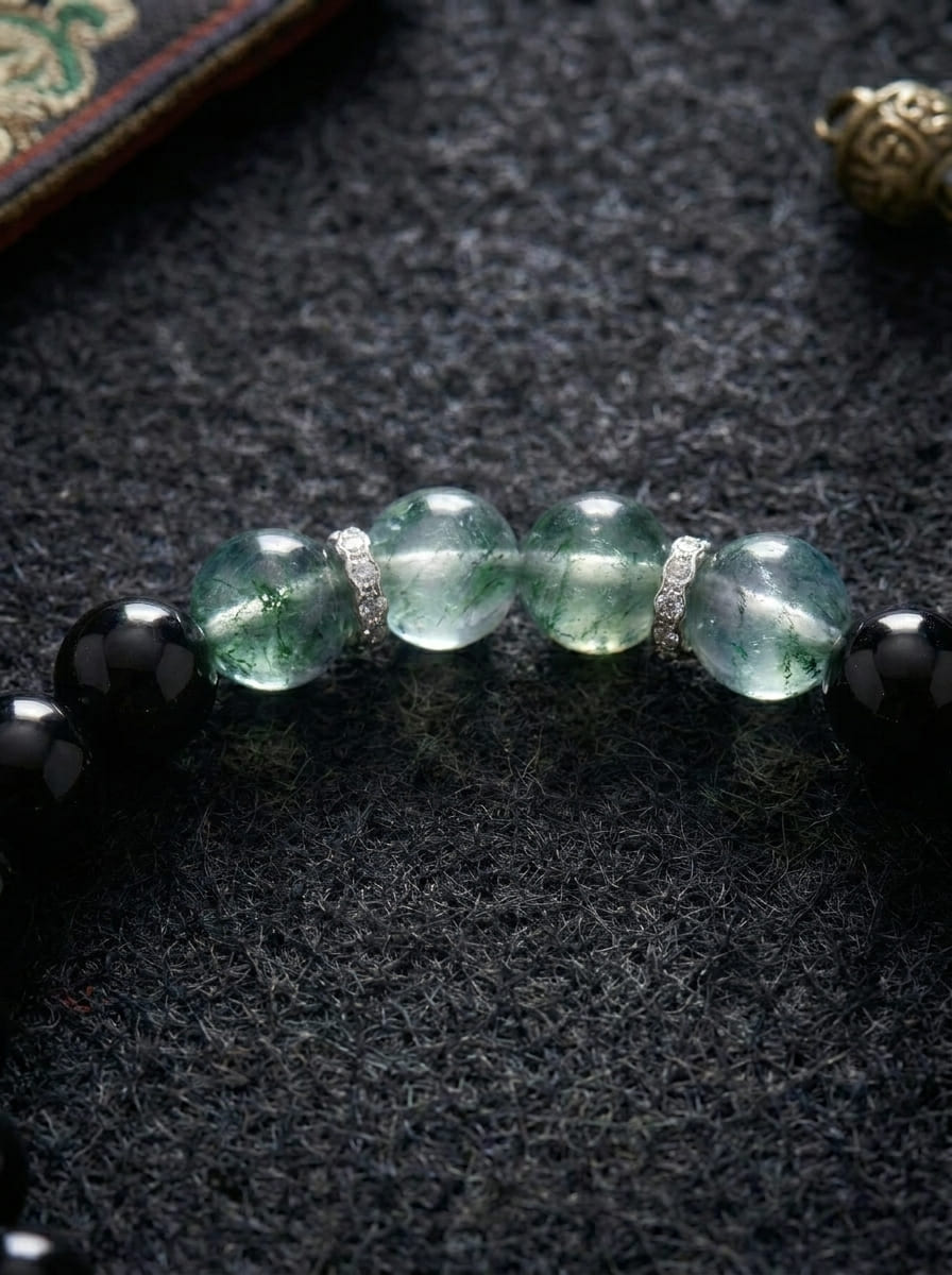 「Secluded Realm」 Obsidian & Green Phantom Crystal Bracelet