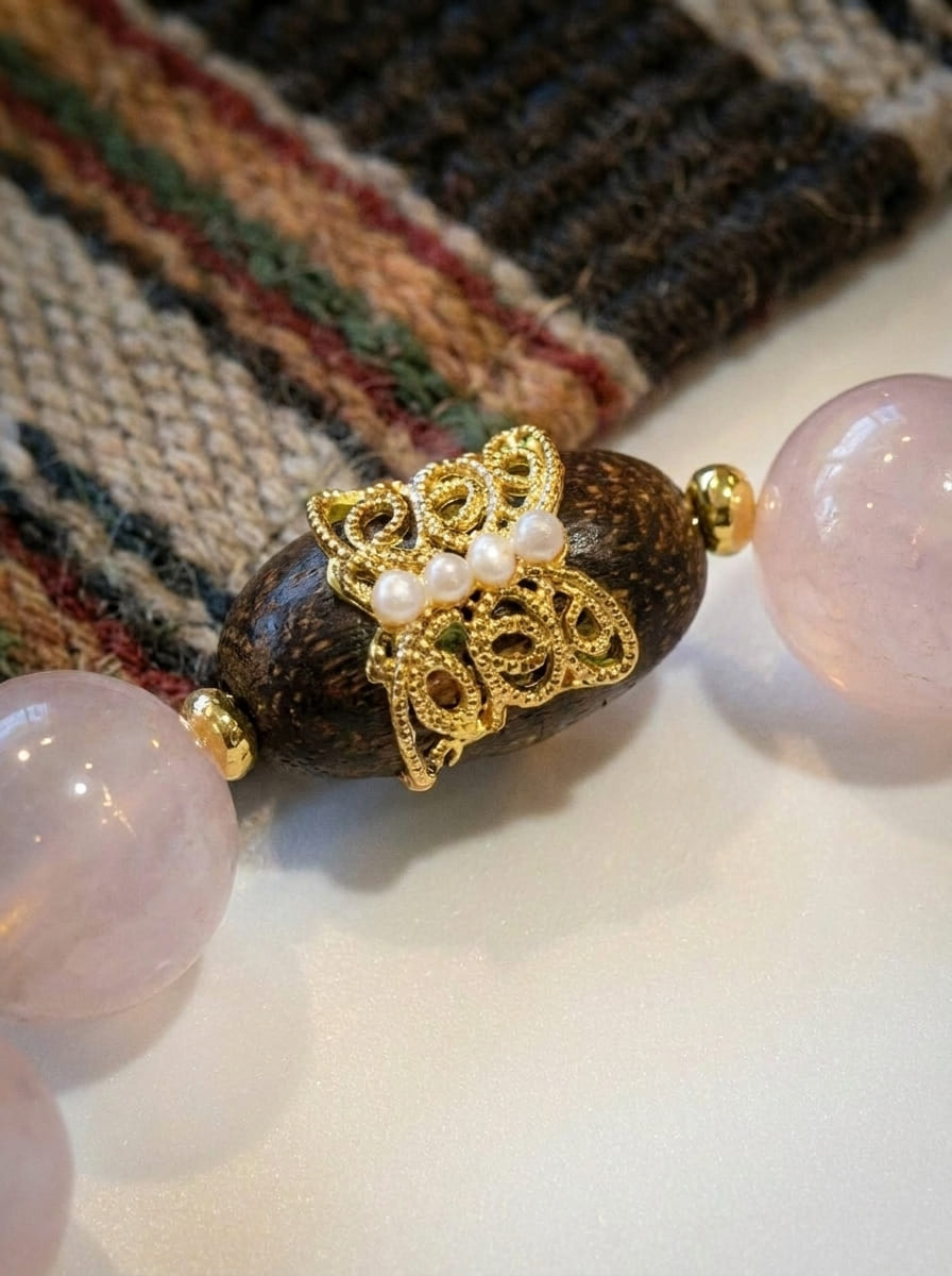 「Peach Wood Brings Luck」Pink Crystal & Agarwood Bracelet