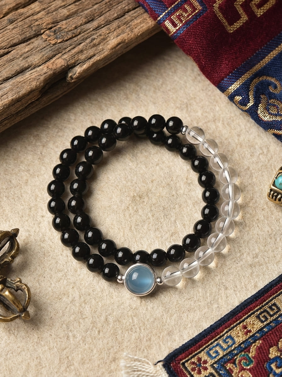 「Void Realm」Aquamarine and Obsidian Multi-Gem Bracelet