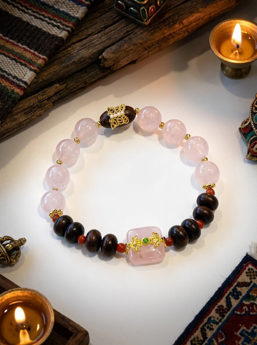 「Peach Wood Brings Luck」Pink Crystal & Agarwood Bracelet
