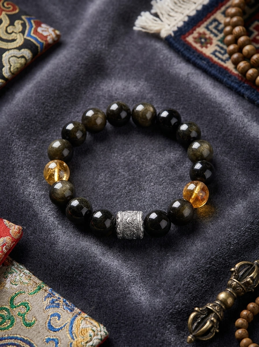 Golden Shadow and Ink Glow Obsidian Multi-Gem Bracelet