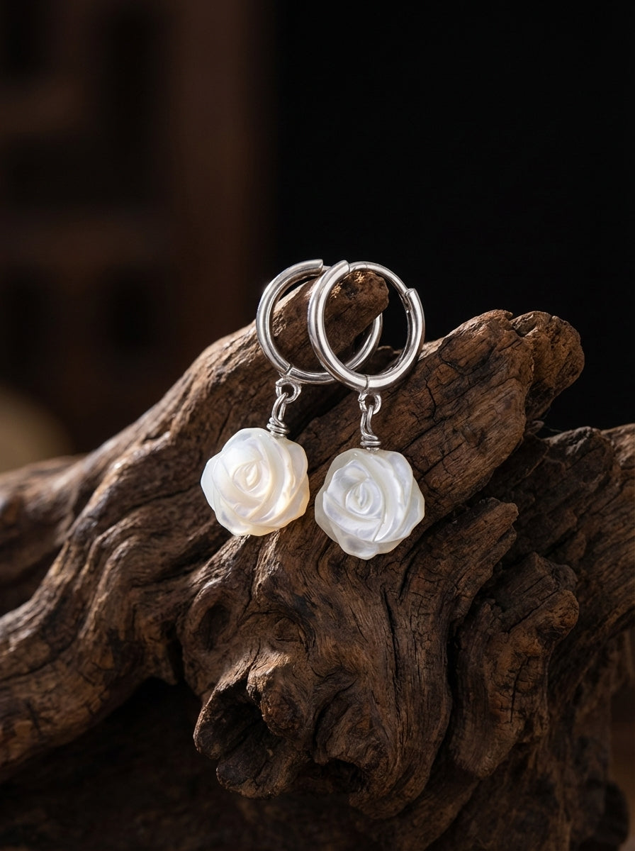 「Spirit of Life」 Original Hand-Carved Mother of Pearl Rose Ear Hoops
