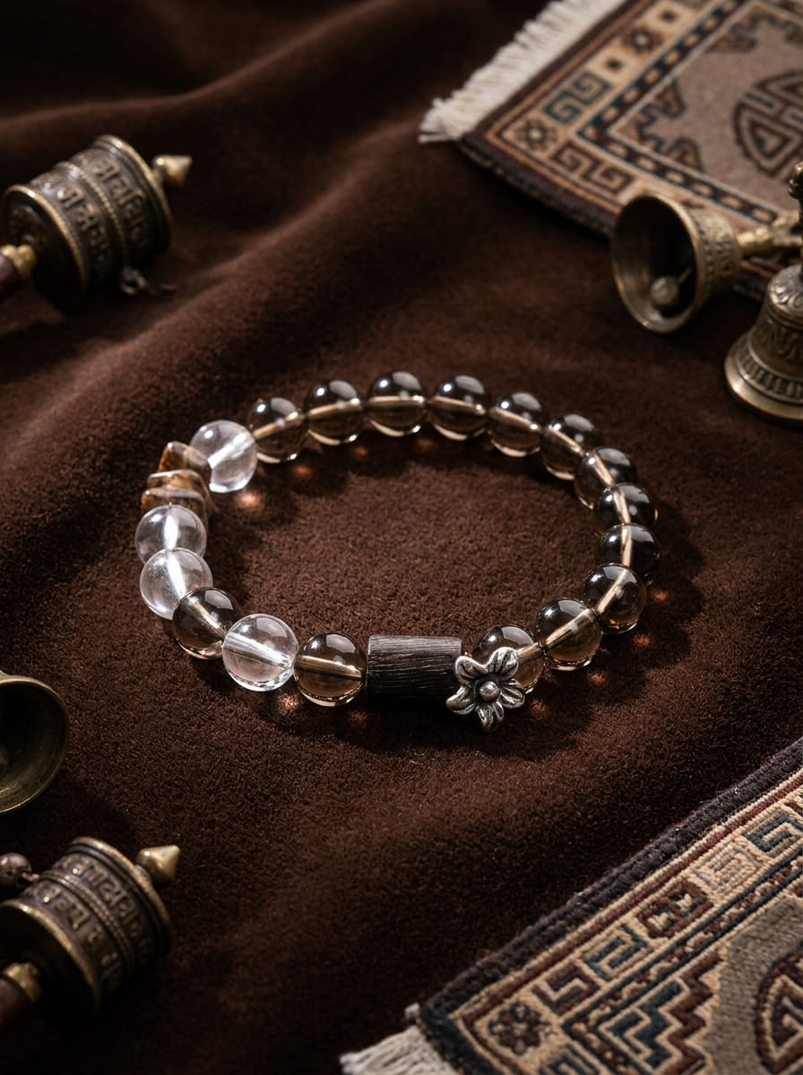 「Jing Tan」 (Quiet Sandalwood) White Crystal, Smoky Quartz & Agarwood Bracelet