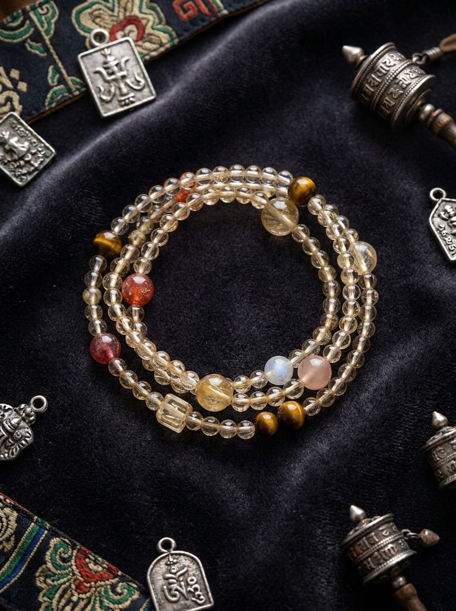 Golden Luck Multi-Gem Golden Hair Crystal Triple-Layer Bracelet