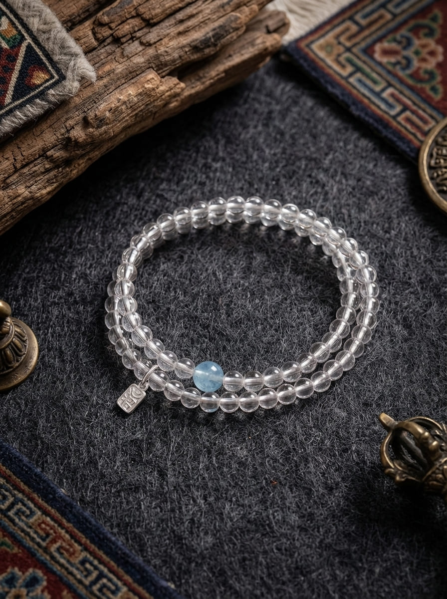 「Qing Lan」 Clear Crystal and Aquamarine Double-Layer Bracelet