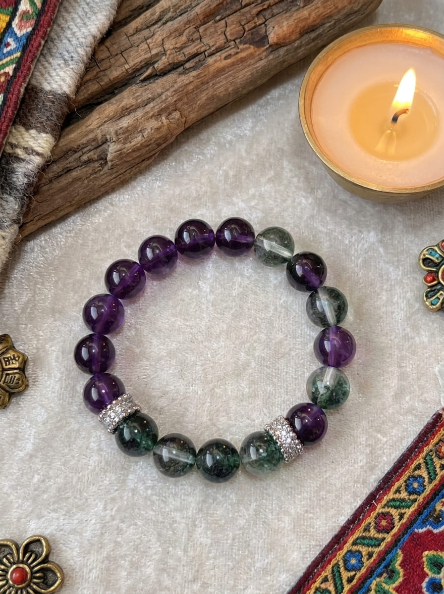 「Purple Luck and Emerald Vitality」Amethyst & Green Phantom Crystal Bracelet
