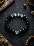 「Secluded Realm」 Obsidian & Green Phantom Crystal Bracelet