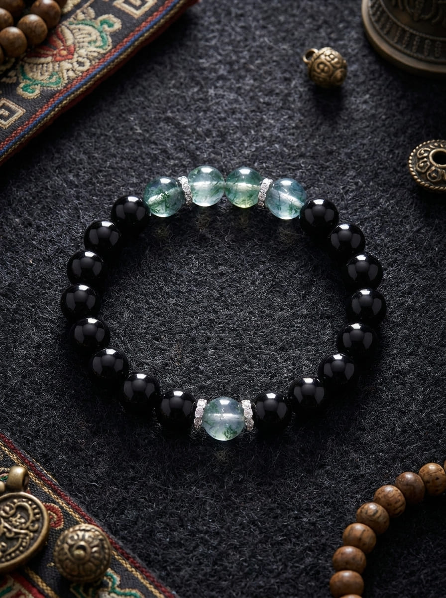 「Secluded Realm」 Obsidian & Green Phantom Crystal Bracelet