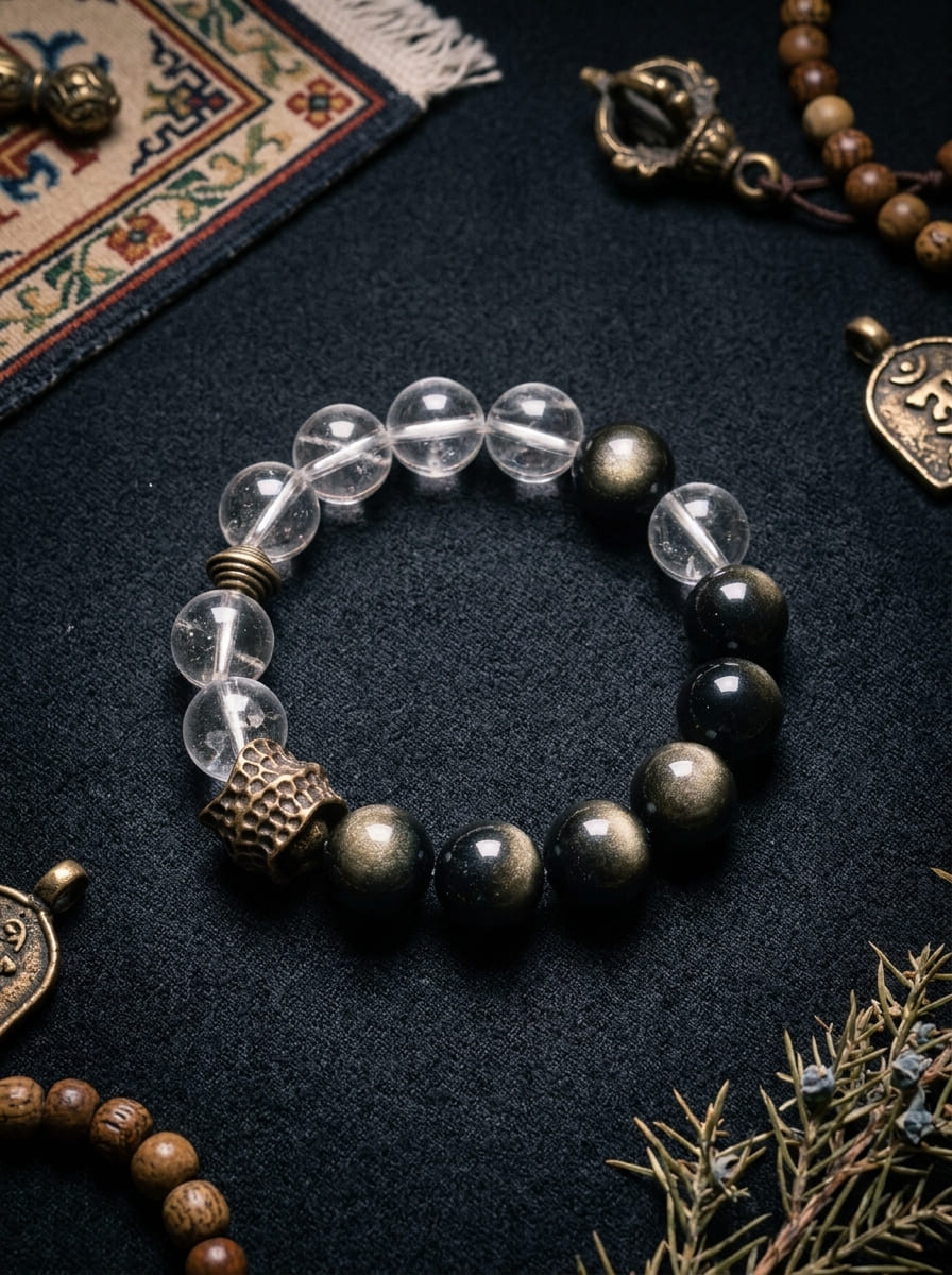 「Yao Bai」 (Shining White) Obsidian & White Crystal Bracelet