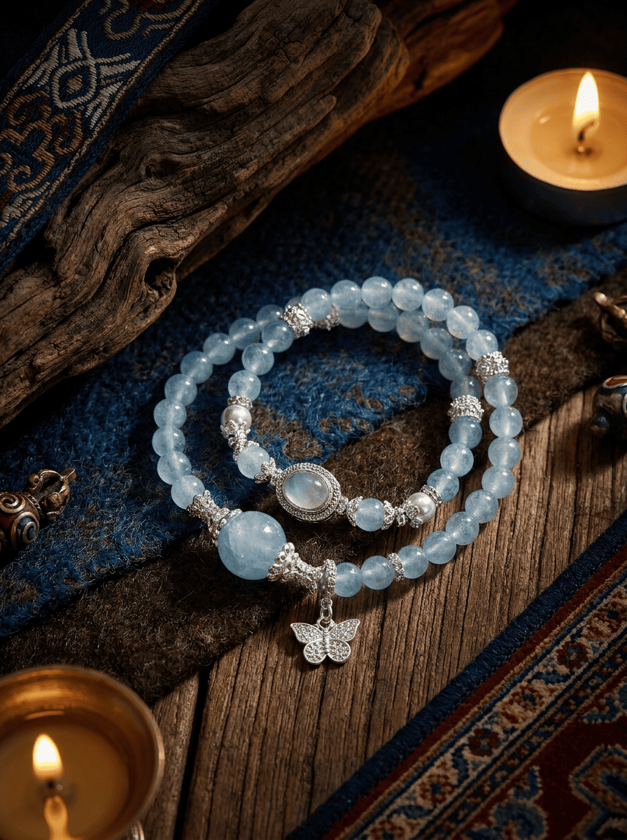 Blue Sea Butterfly Whisper · Aquamarine and Pearl Bracelet