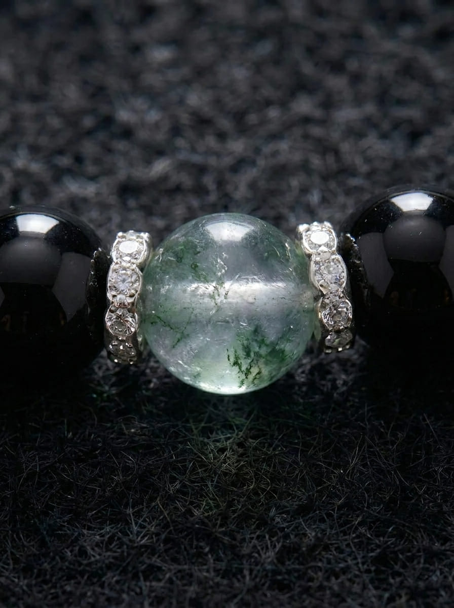 「Secluded Realm」 Obsidian & Green Phantom Crystal Bracelet