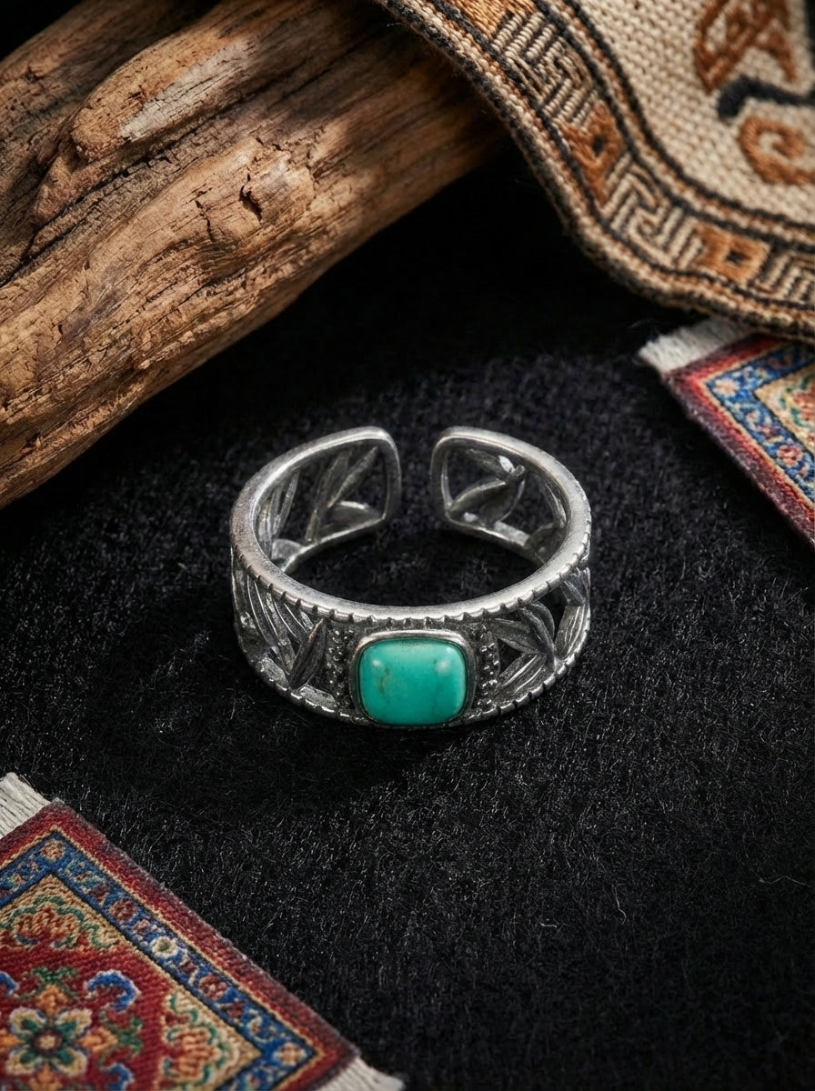 Niche Vintage Ring | S925 Sterling Silver Raw Ore Turquoise Open Ring