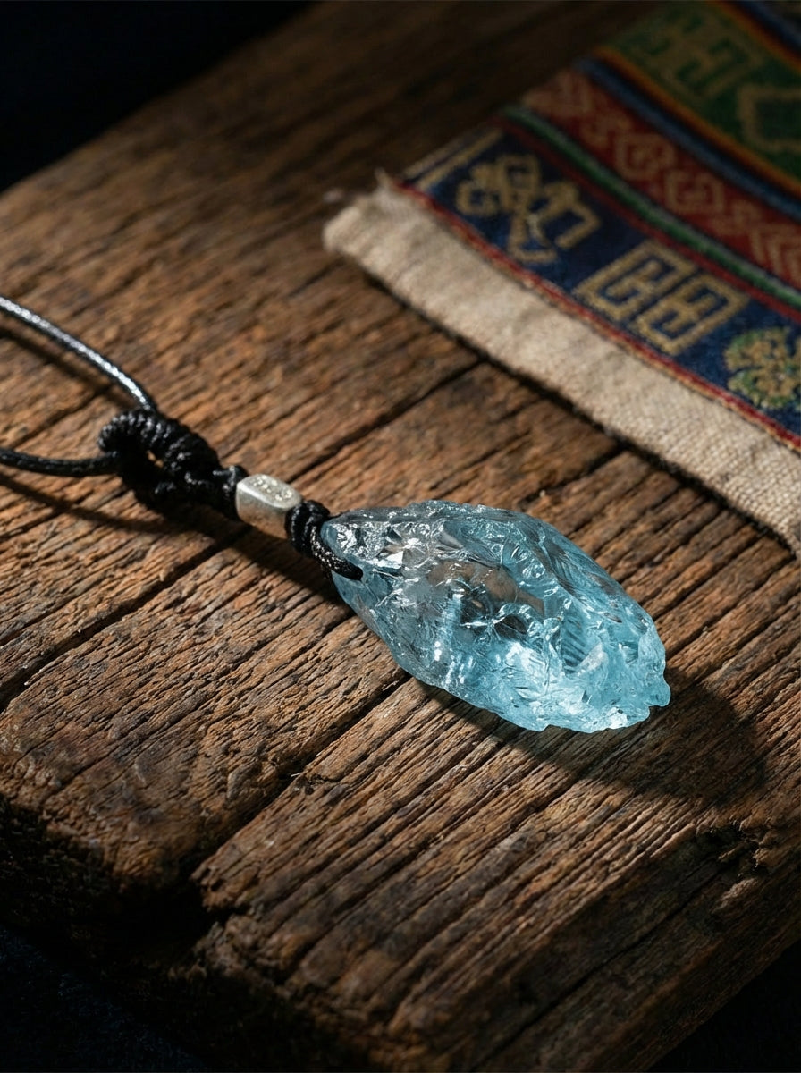 High-End Irregular Aquamarine Raw Stone Pendant | Blue Crystal Necklace Niche Design Choker