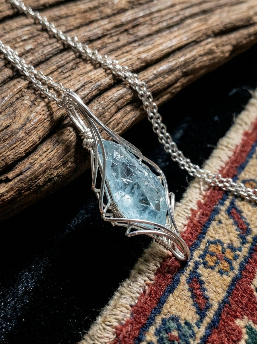 Hand-Wound Natural Aquamarine Raw Stone Pendant | Free-Form Crystal Ore Clavicle Necklace