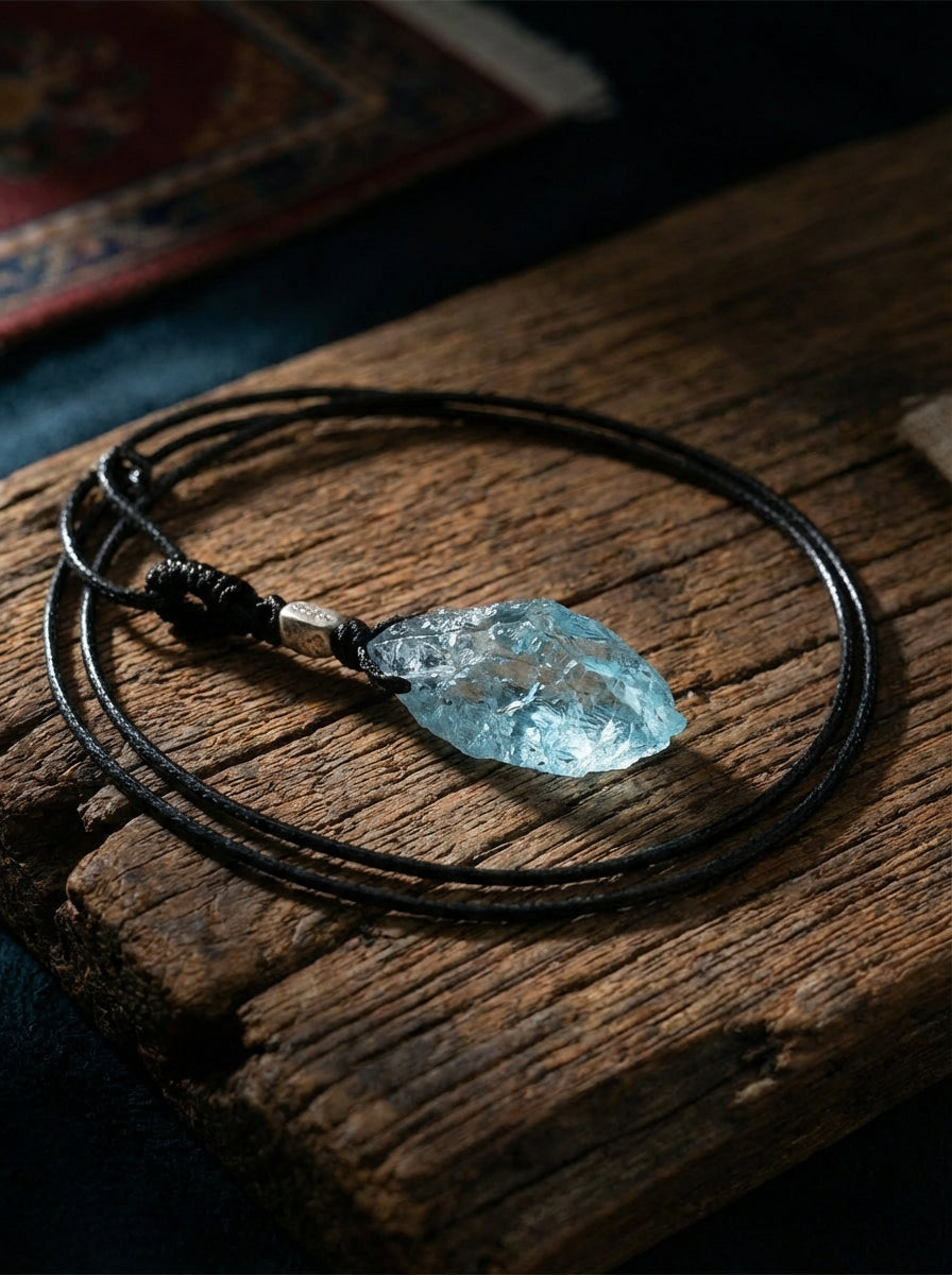 High-End Irregular Aquamarine Raw Stone Pendant | Blue Crystal Necklace Niche Design Choker