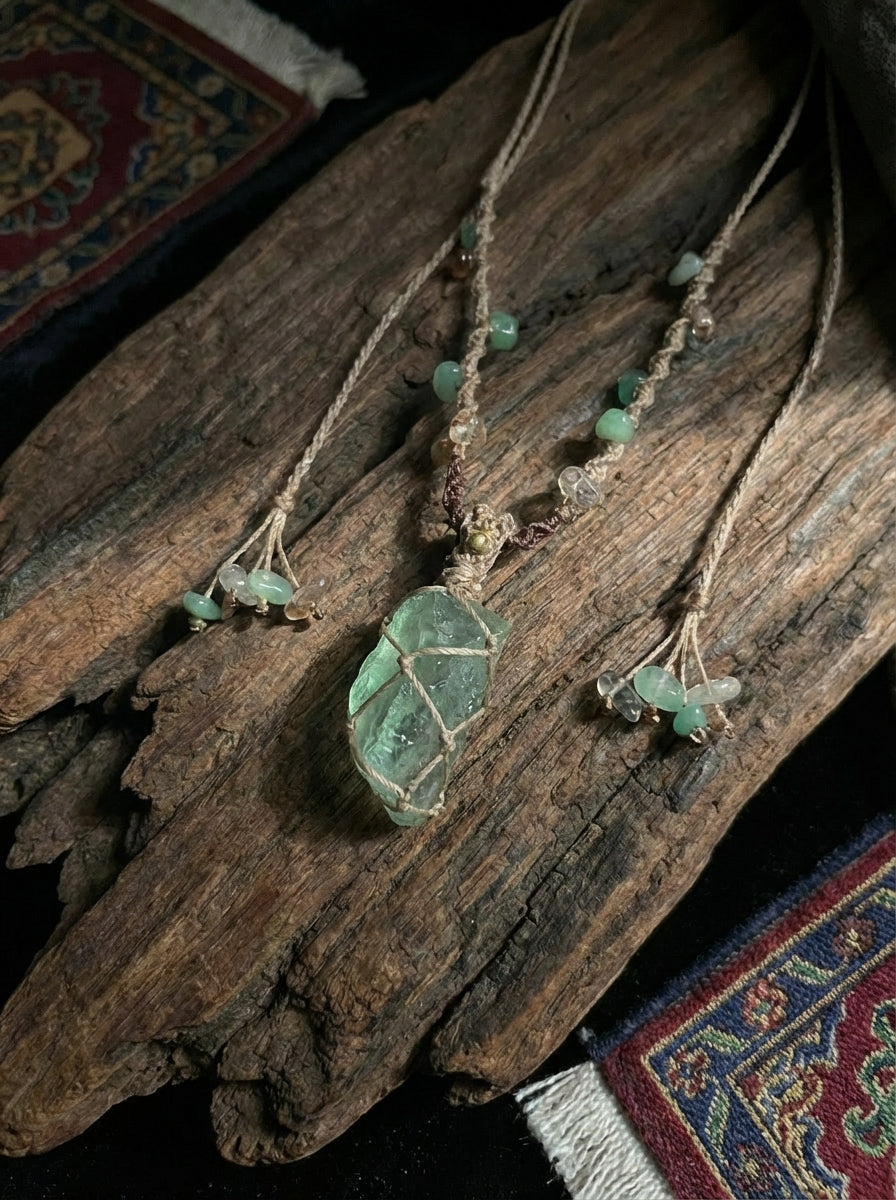 Original Natural Green Crystal Pendant Necklace | High-End Niche Retro Ethnic Style Versatile Hand-Braided Rope