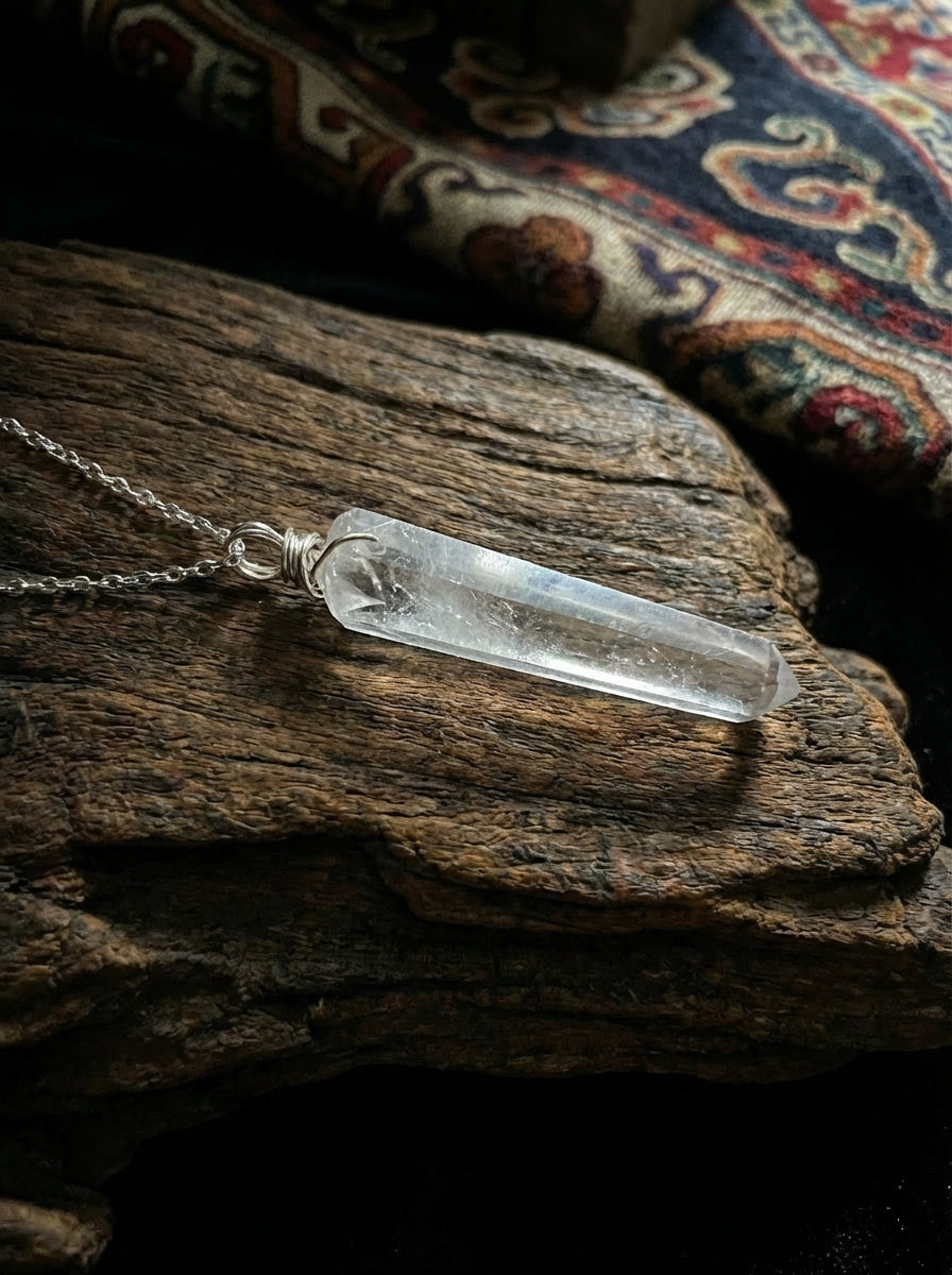 Tapered White Crystal Hexagonal Prism Raw Stone Pendant | Unisex Amorphous Single-Point Trendy Necklace