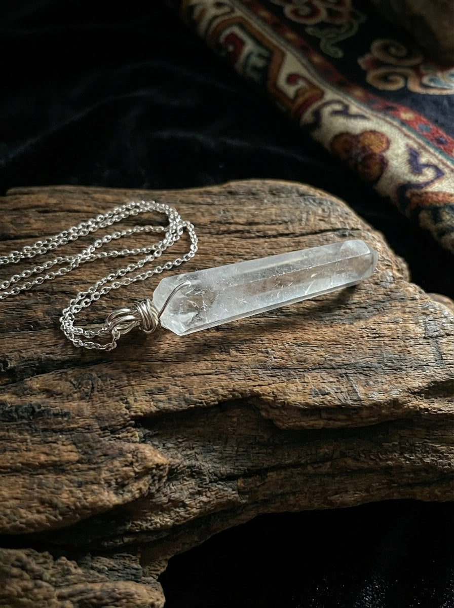 Tapered White Crystal Hexagonal Prism Raw Stone Pendant | Unisex Amorphous Single-Point Trendy Necklace