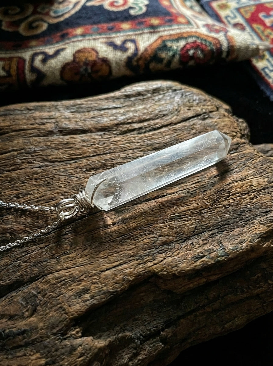 Tapered White Crystal Hexagonal Prism Raw Stone Pendant | Unisex Amorphous Single-Point Trendy Necklace