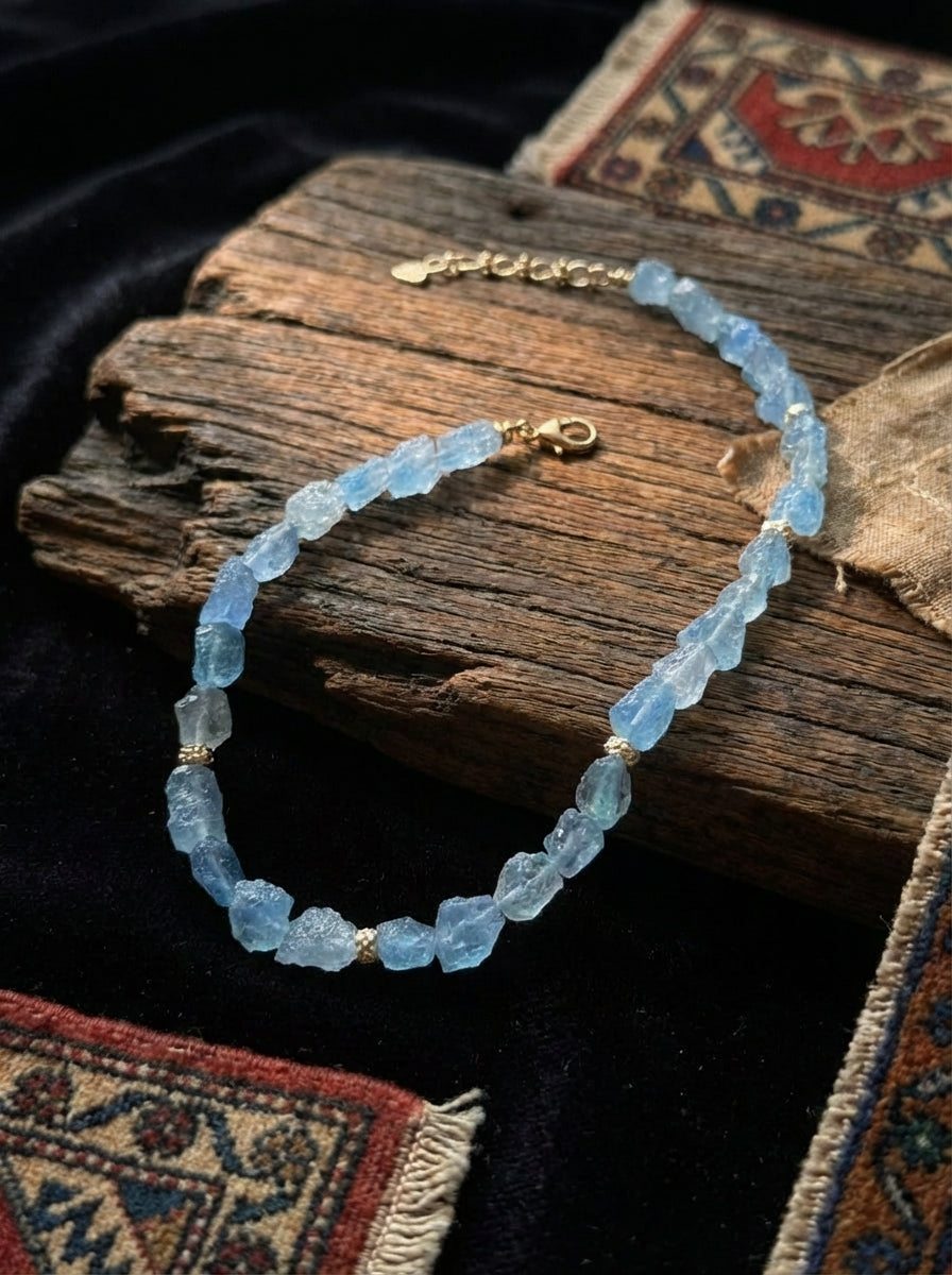 Trendy Niche Clavicle Necklace | Natural Large-Grain Aquamarine Beaded Necklace
