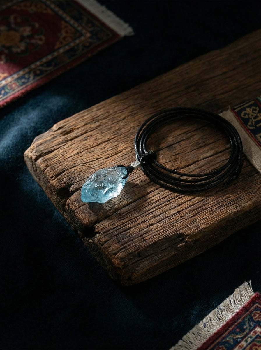 High-End Irregular Aquamarine Raw Stone Pendant | Blue Crystal Necklace Niche Design Choker