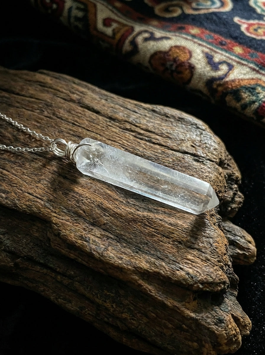 Tapered White Crystal Hexagonal Prism Raw Stone Pendant | Unisex Amorphous Single-Point Trendy Necklace