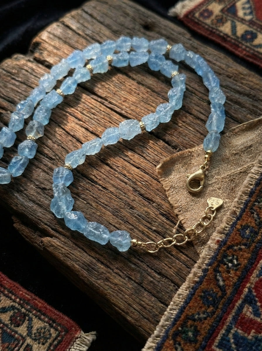 Trendy Niche Clavicle Necklace | Natural Large-Grain Aquamarine Beaded Necklace