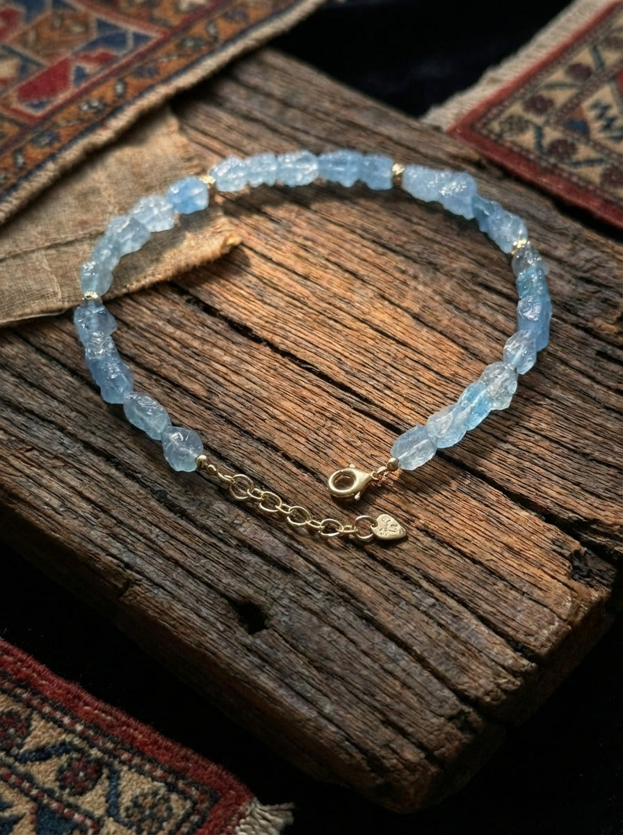 Trendy Niche Clavicle Necklace | Natural Large-Grain Aquamarine Beaded Necklace