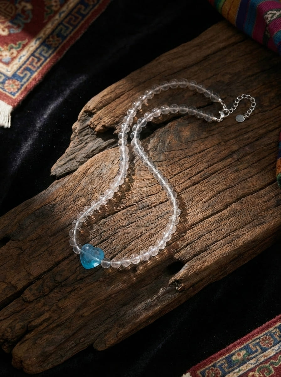「Summer」 Natural White Crystal Beaded Aquamarine Necklace