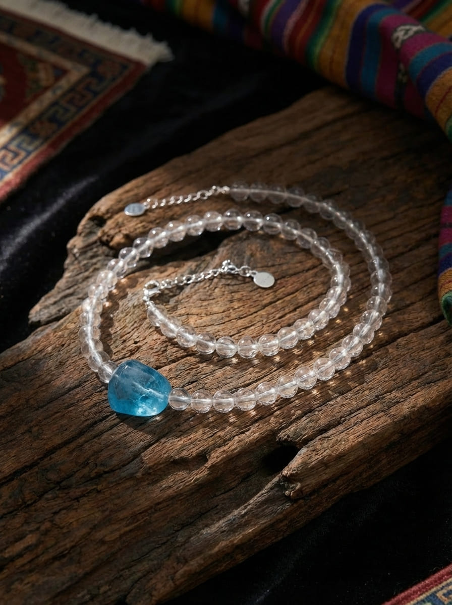 「Summer」 Natural White Crystal Beaded Aquamarine Necklace