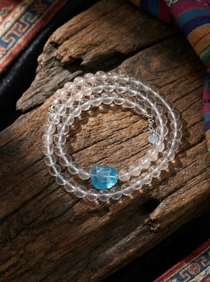 「Summer」 Natural White Crystal Beaded Aquamarine Necklace