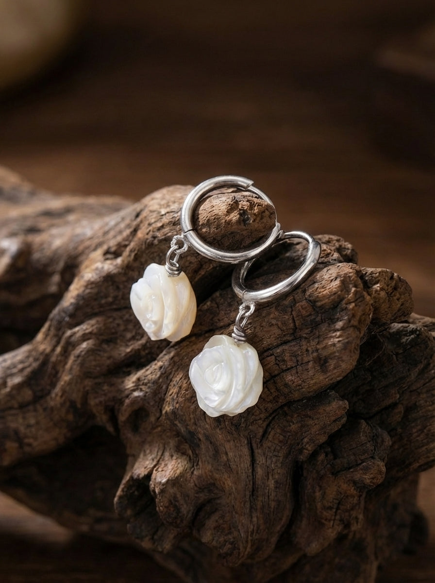 「Spirit of Life」 Original Hand-Carved Mother of Pearl Rose Ear Hoops