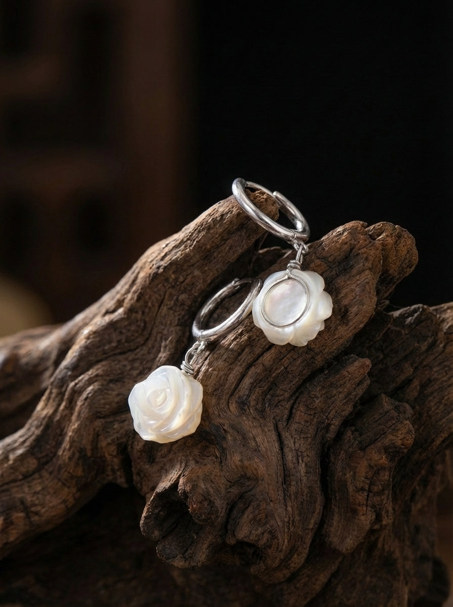 「Spirit of Life」 Original Hand-Carved Mother of Pearl Rose Ear Hoops