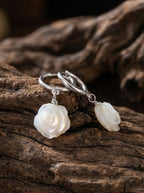 「Spirit of Life」 Original Hand-Carved Mother of Pearl Rose Ear Hoops