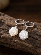 「Spirit of Life」 Original Hand-Carved Mother of Pearl Rose Ear Hoops