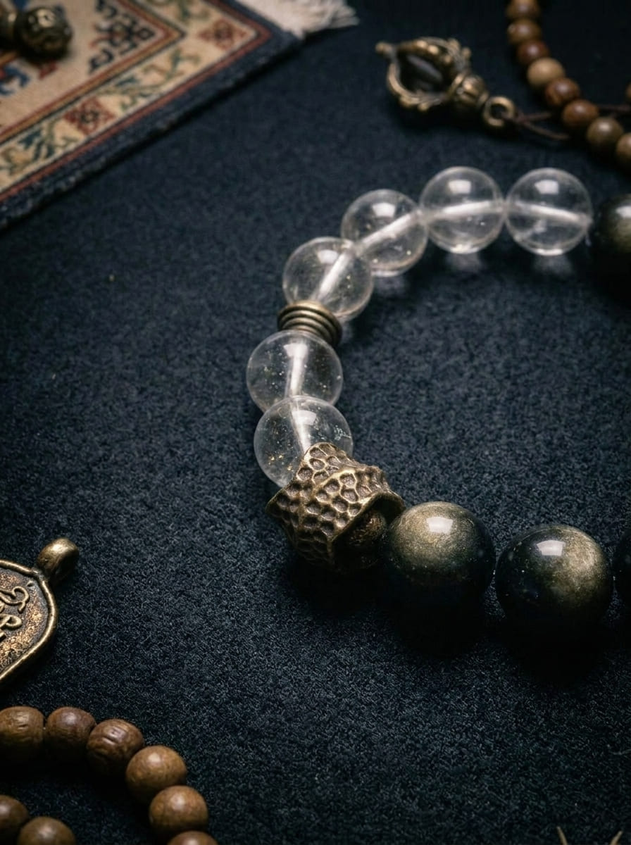 「Yao Bai」 (Shining White) Obsidian & White Crystal Bracelet
