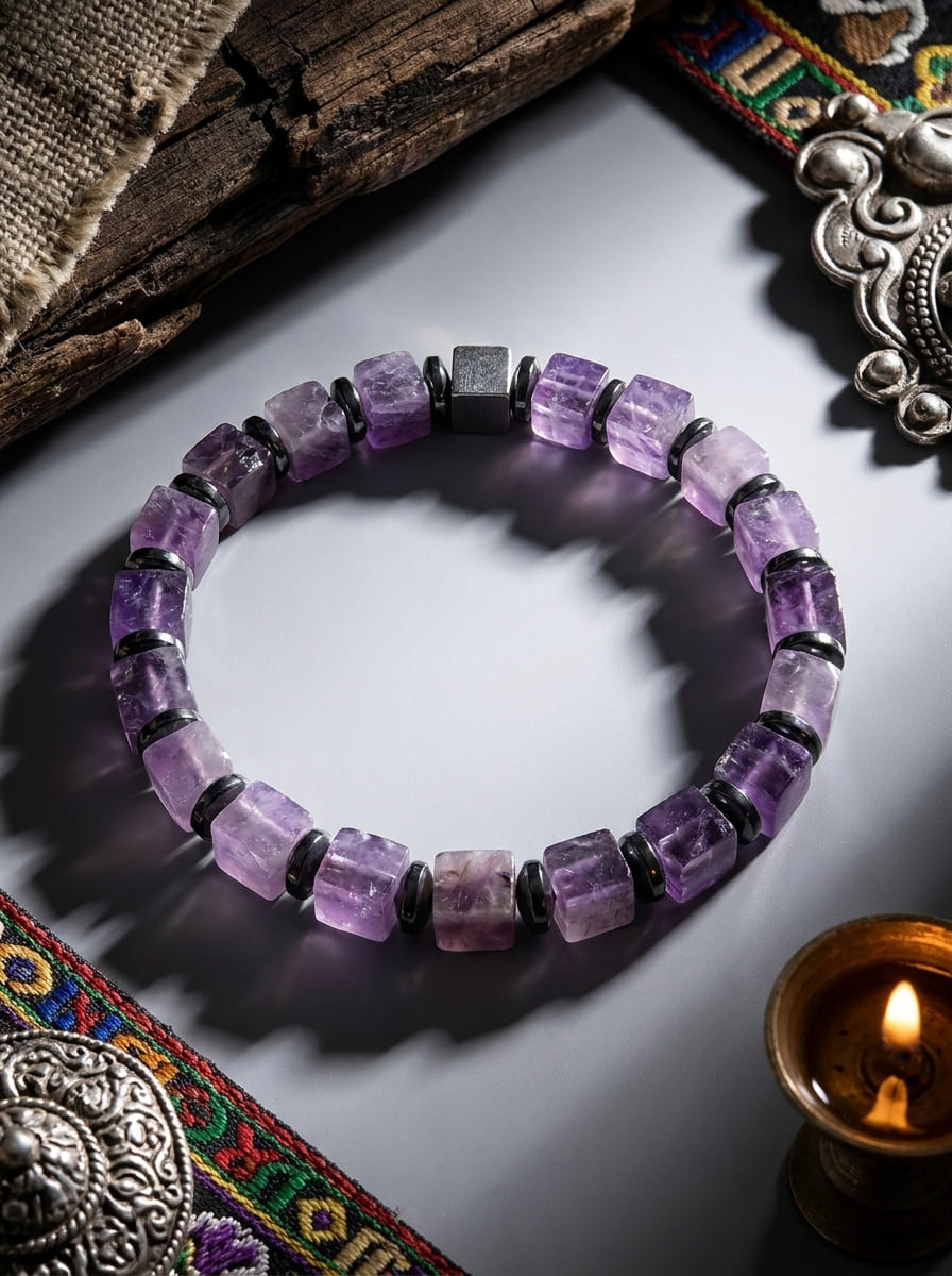 Amethyst Square Guardian · Amethyst & Silver Obsidian Bracelet