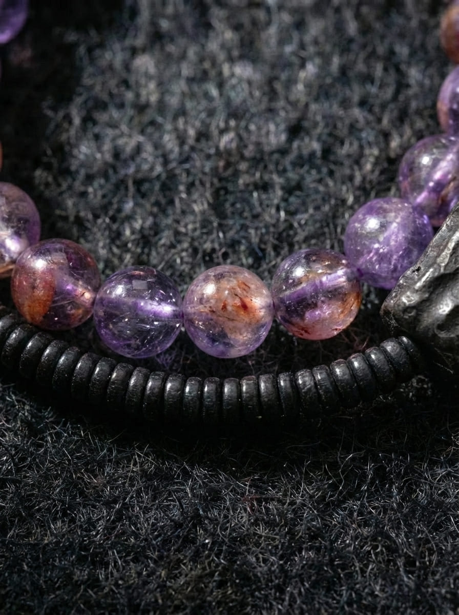 「Gloomy Forest」Original Design Phantom Quartz with Unique Ebony Wood Bracelet
