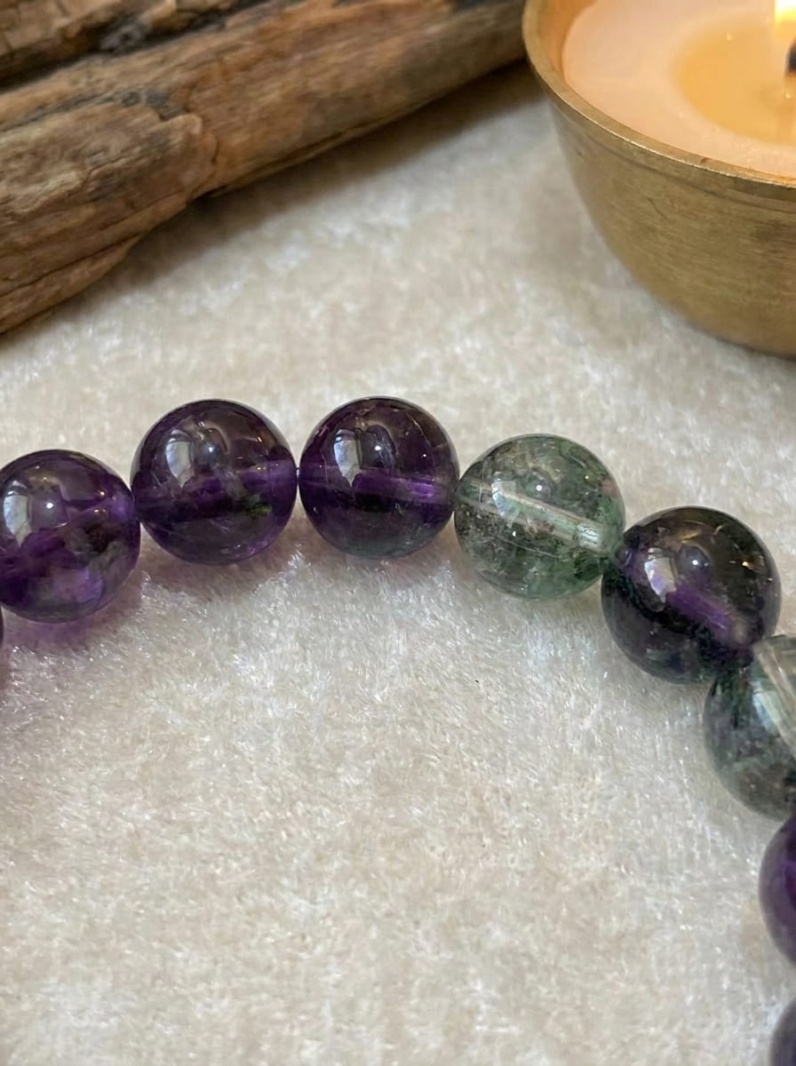 「Purple Luck and Emerald Vitality」Amethyst & Green Phantom Crystal Bracelet