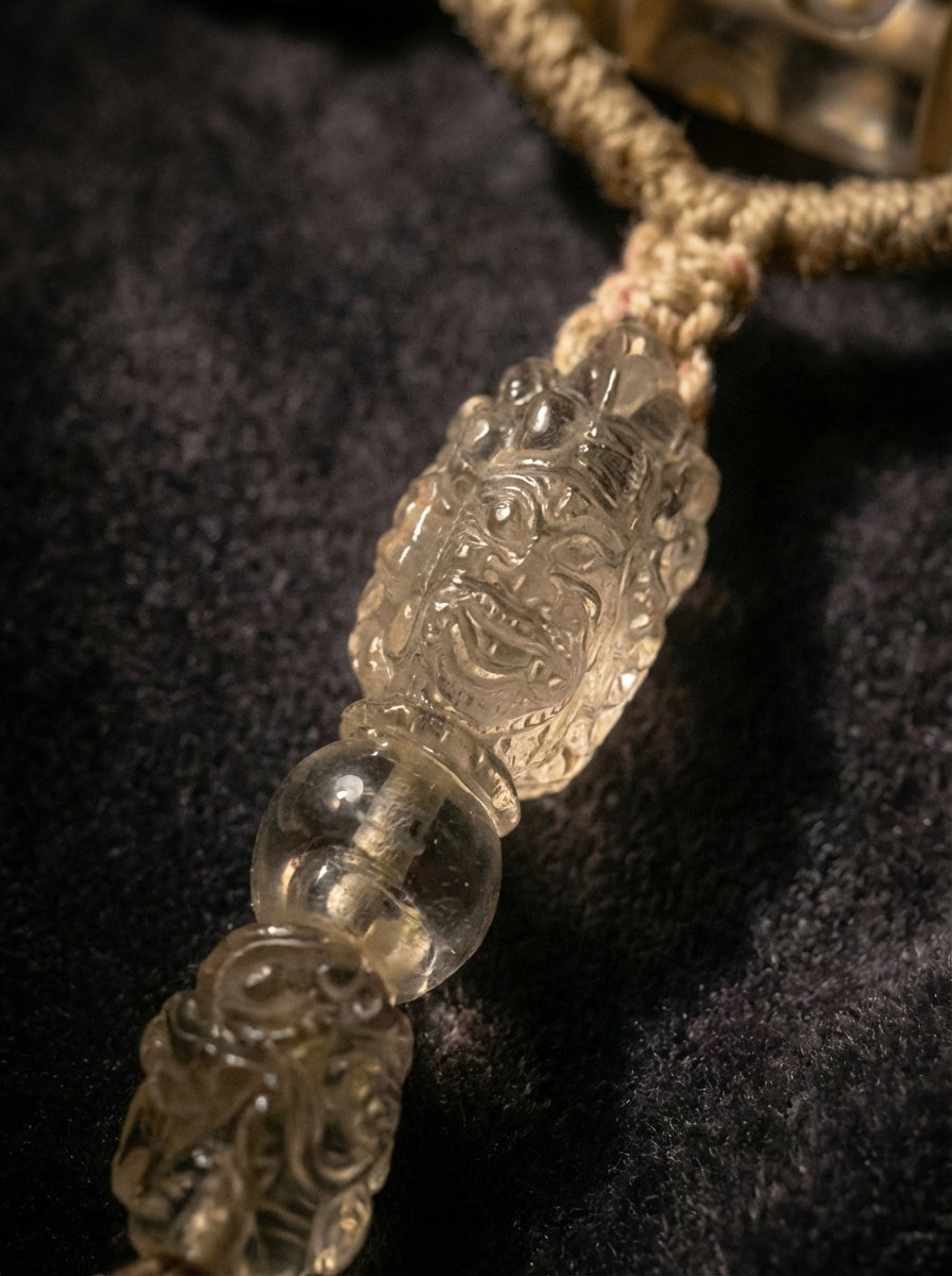藏区老料水晶三面大黑天金刚杵天珠项链孤品