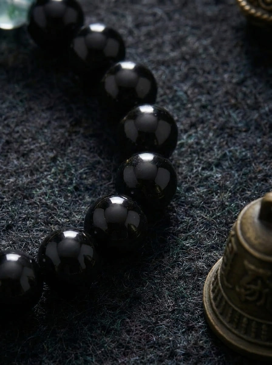 「Secluded Realm」 Obsidian & Green Phantom Crystal Bracelet