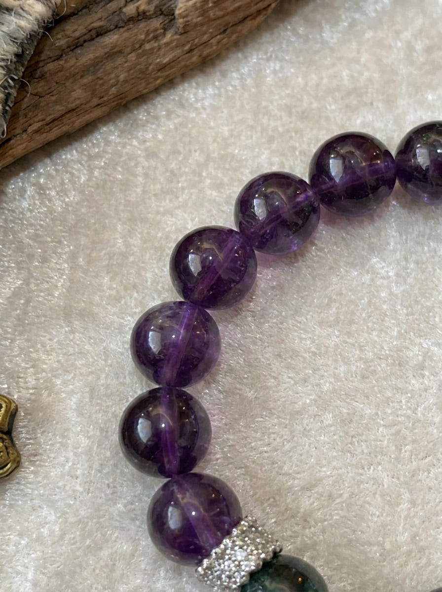 「Purple Luck and Emerald Vitality」Amethyst & Green Phantom Crystal Bracelet