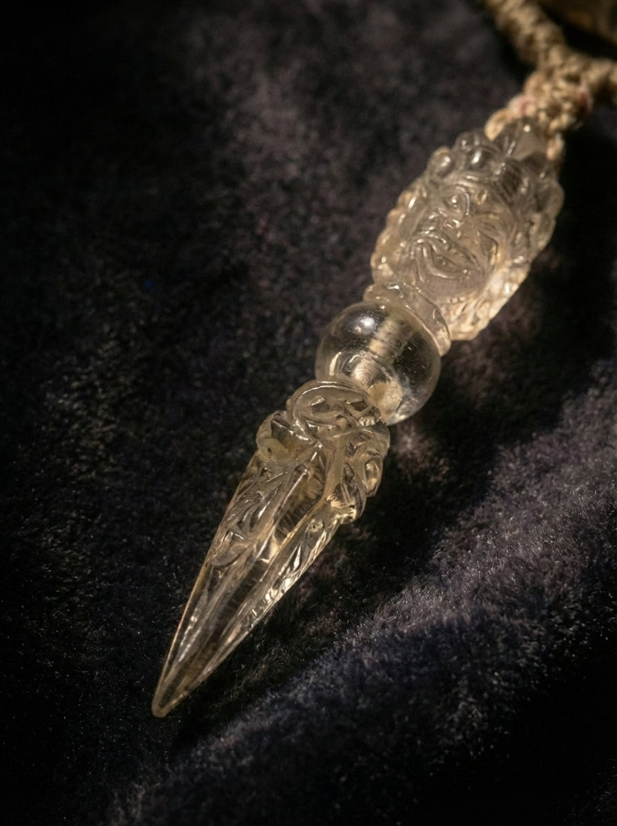 藏区老料水晶三面大黑天金刚杵天珠项链孤品