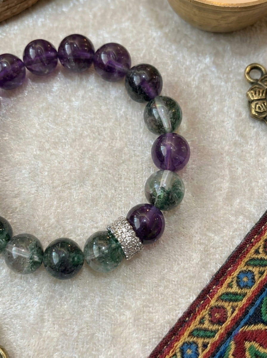 「Purple Luck and Emerald Vitality」Amethyst & Green Phantom Crystal Bracelet