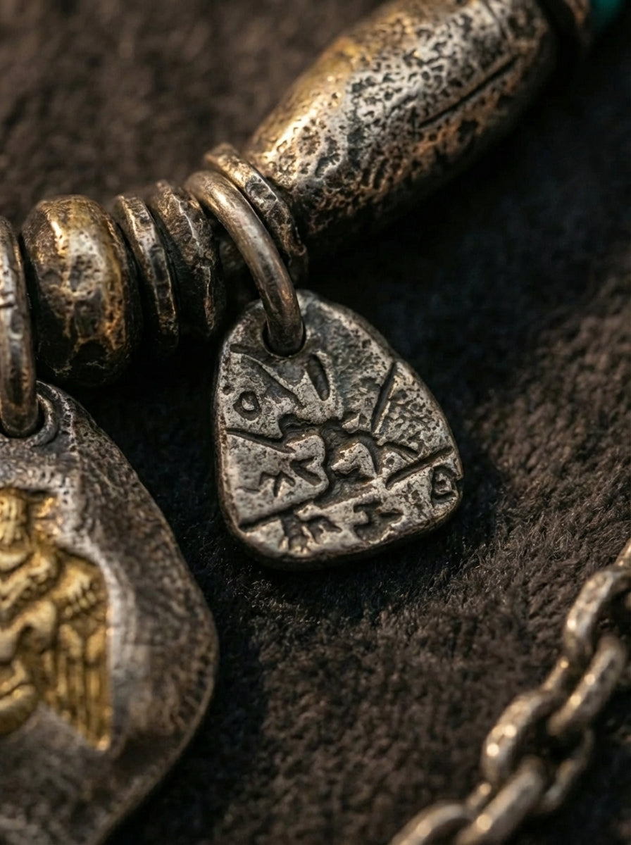 Detail close-up of vintage Tibetan script carved metal charm pendant